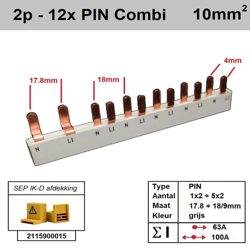Sep kam pin 2 fase 12 polig 2x18mm 10x9mm offset 5mm