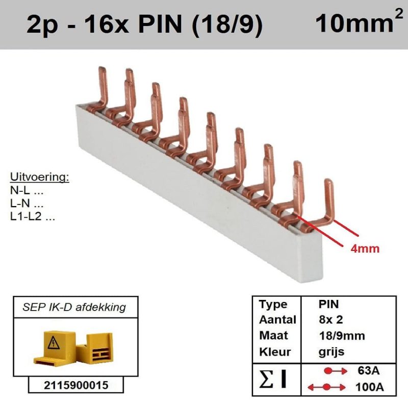 Sep kam pin 2 fase 16 polig 9mm offset 5 mm grijs