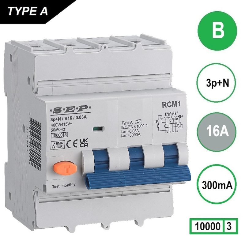 Sep aardlekautomaat 3P+N B16 300mA 10kA - RCM1 Sep aardlekautomaat 3P+N B16 300mA 10kA - RCM1