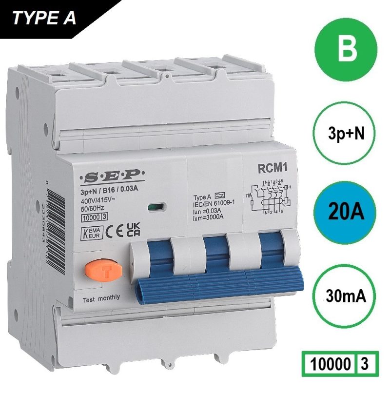 Sep aardlekautomaat 3P+N B20 30mA 10kA - RCM1 Sep aardlekautomaat 3P+N B20 30mA 10kA - RCM1