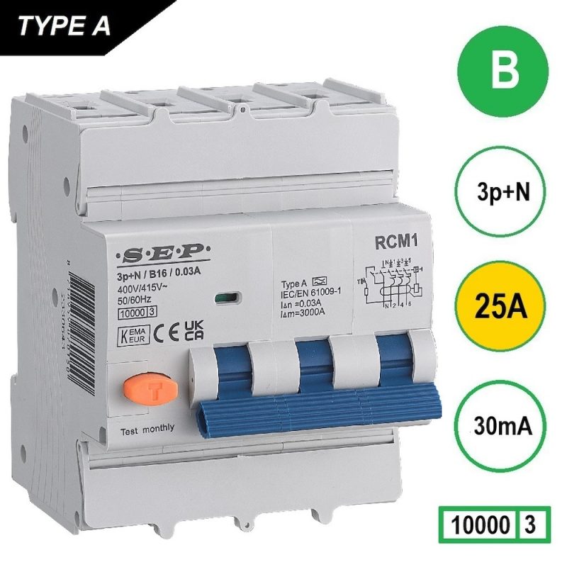 Sep aardlekautomaat 3P+N B25 30mA 10kA - RCM1 Sep aardlekautomaat 3P+N B25 30mA 10kA - RCM1
