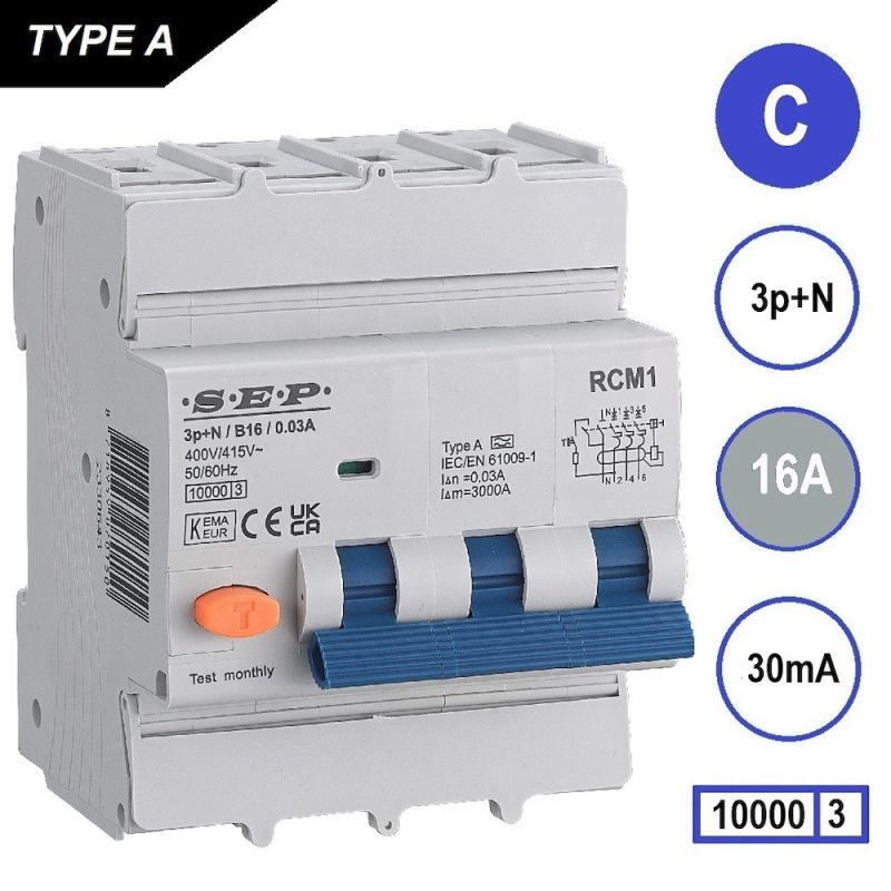 Sep aardlekautomaat 3P+N C16 30mA 10kA - RCM1 Sep aardlekautomaat 3P+N C16 30mA 10kA - RCM1