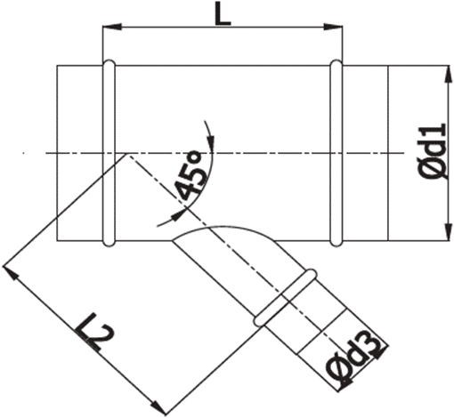 Spiro-SAFE T Stuk Ø 160 mm aftakking Ø 160 mm 45 graden tekening t stuk 45 graden 14