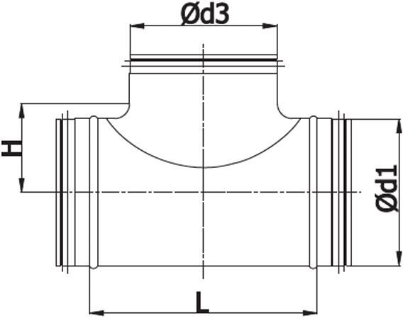 Spiro-SAFE T Stuk Ø 250 mm aftakking Ø 160 mm 90 graden tekening t stuk 90 graden 60