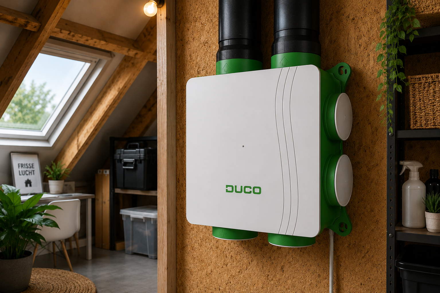 Duco mechanische ventilatie-unit gemonteerd op zolder met groene afdichting