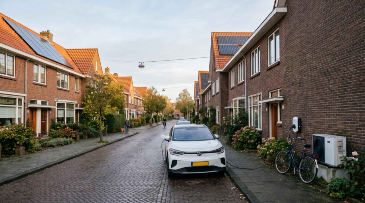 Nederlandse woonstraat met zonnepanelen, een ladende elektrische auto en een warmtepomp