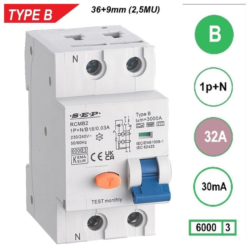 Sep aardlekautomaat B 32A 1P+N 30mA type B - RCMB-2B32.03