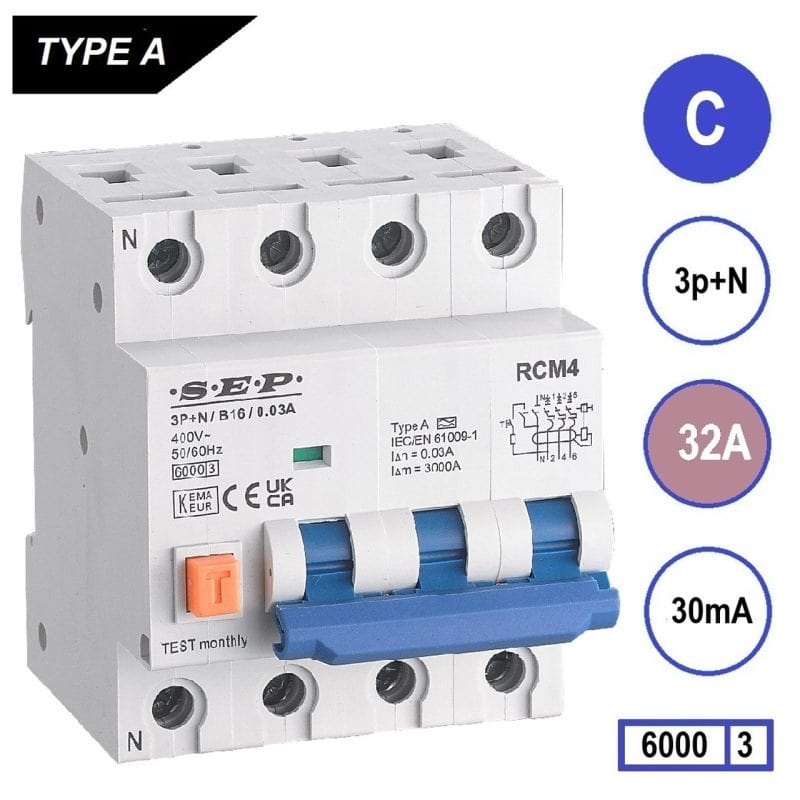 Sep aardlekautomaat C 32A 3P+N 30mA - RCM4