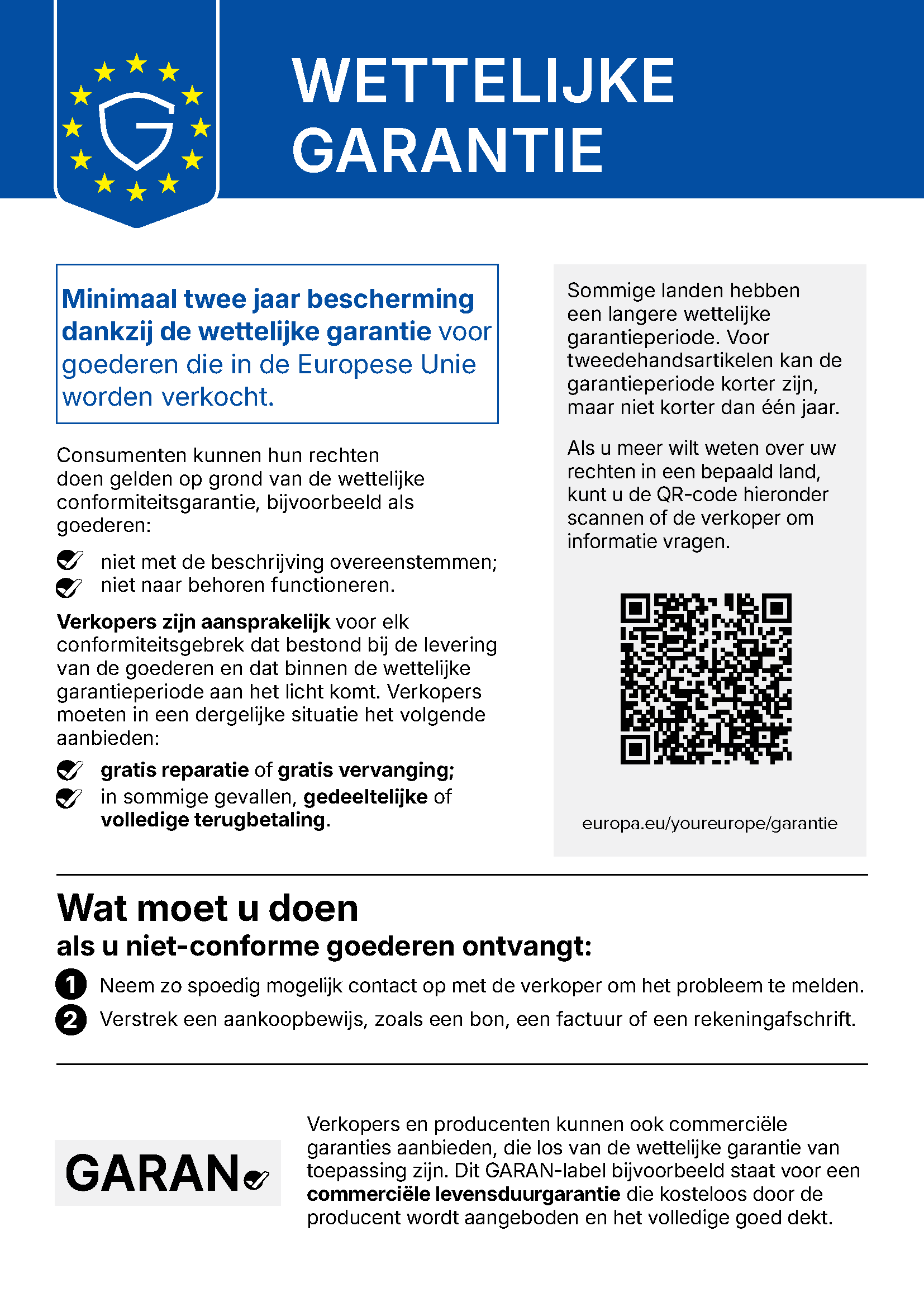 De Europese melding over de wettelijke garantie, zoals winkels en webshops die moeten tonen